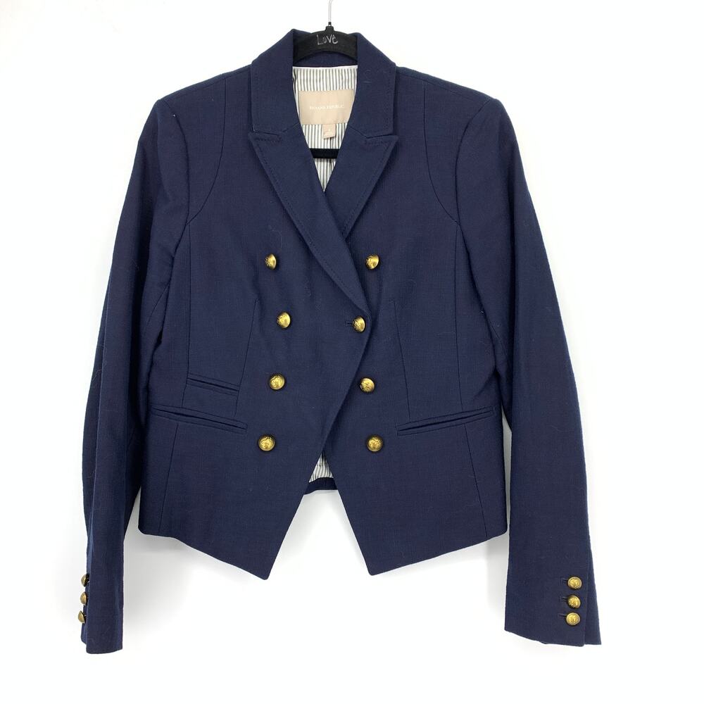 Banana Republic Double Breasted Blazer Jacket Womens Sz 8 Navy Blue Gold Buttons